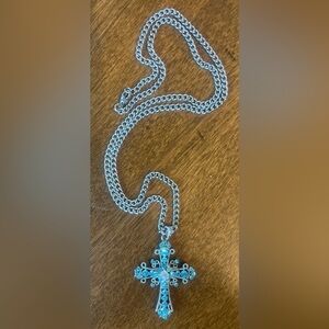 Silver Chain & Cross Necklace Blue & Clear Stones New with Box